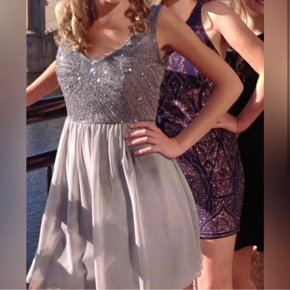 David’s Bridal Gray/Purple Beaded Mini Dress, Size: 0, One-of-a-Kind